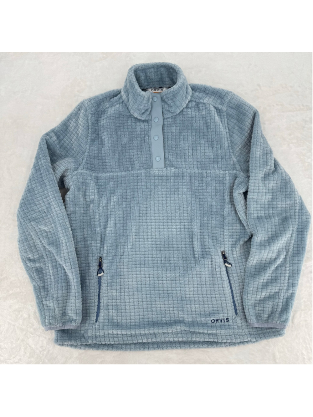 Orvis Pastel Blue Pullover Quarter Snap Mock Neck Pockets Teddy Faux Fur Medium
